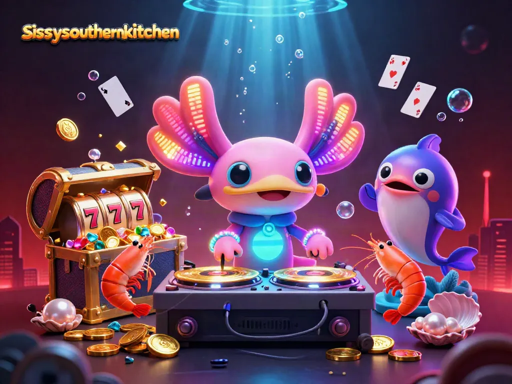 sissyssouthernkitchen showcases a vibrant underwater casino scene with an axolotl DJ and dynamic casino elements
