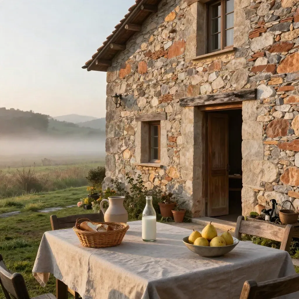 Caserío de piedra con terraza de desayuno, niebla baja y prado húmedo al amanecer.