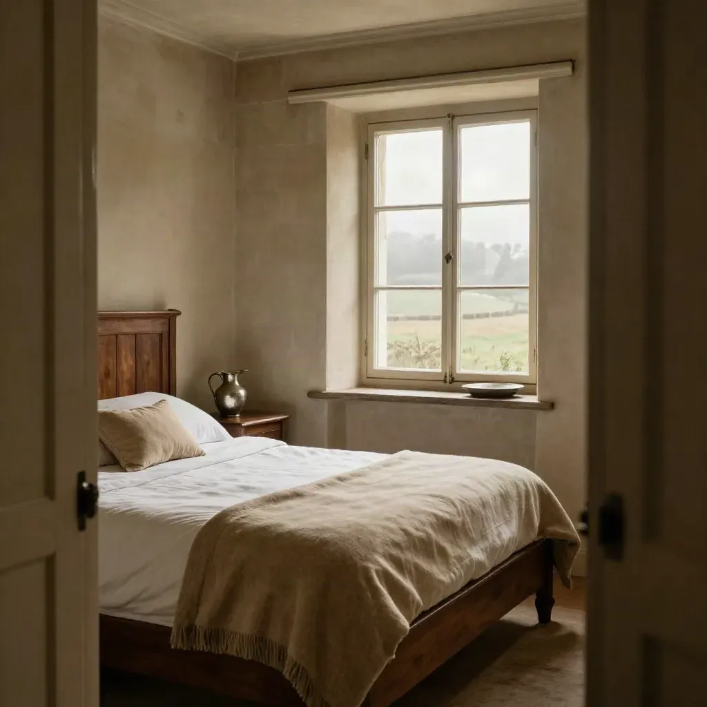 Habitación rural doble con cama de lino blanco, cabecero de madera y ventana abierta al campo.