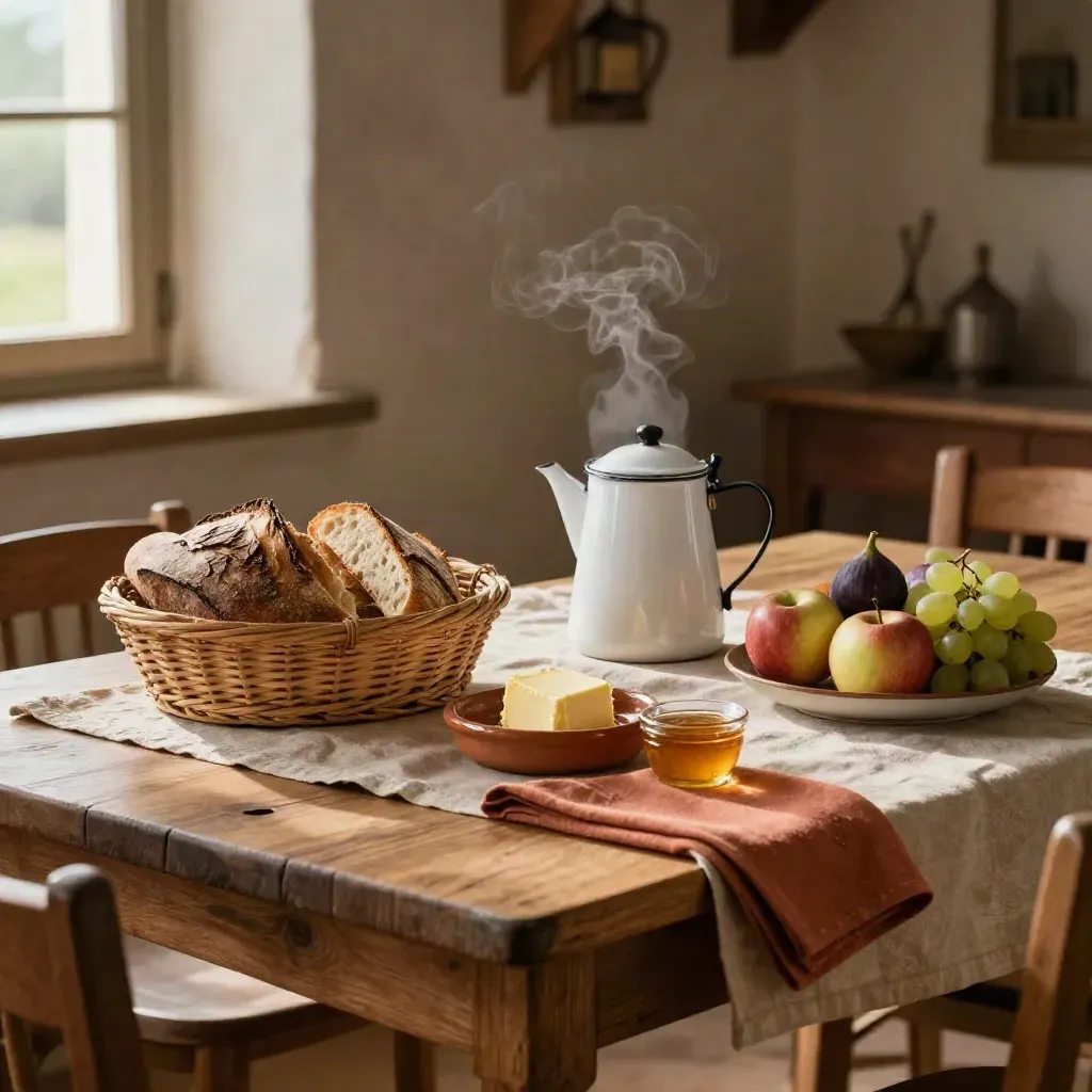 Desayuno casero con café humeante, pan, fruta y miel en una mesa rústica.
