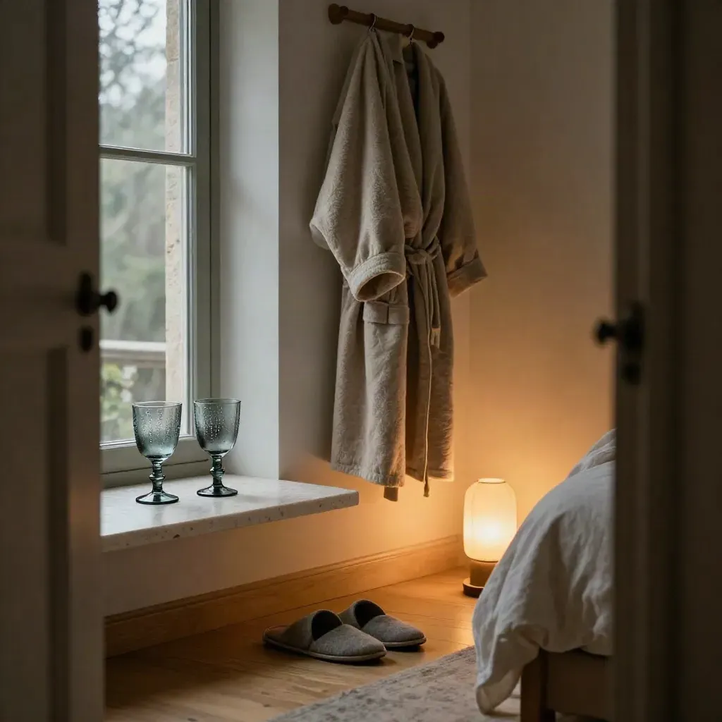 Habitación rural íntima con copas ahumadas, albornoces, zapatillas y lámpara cálida.