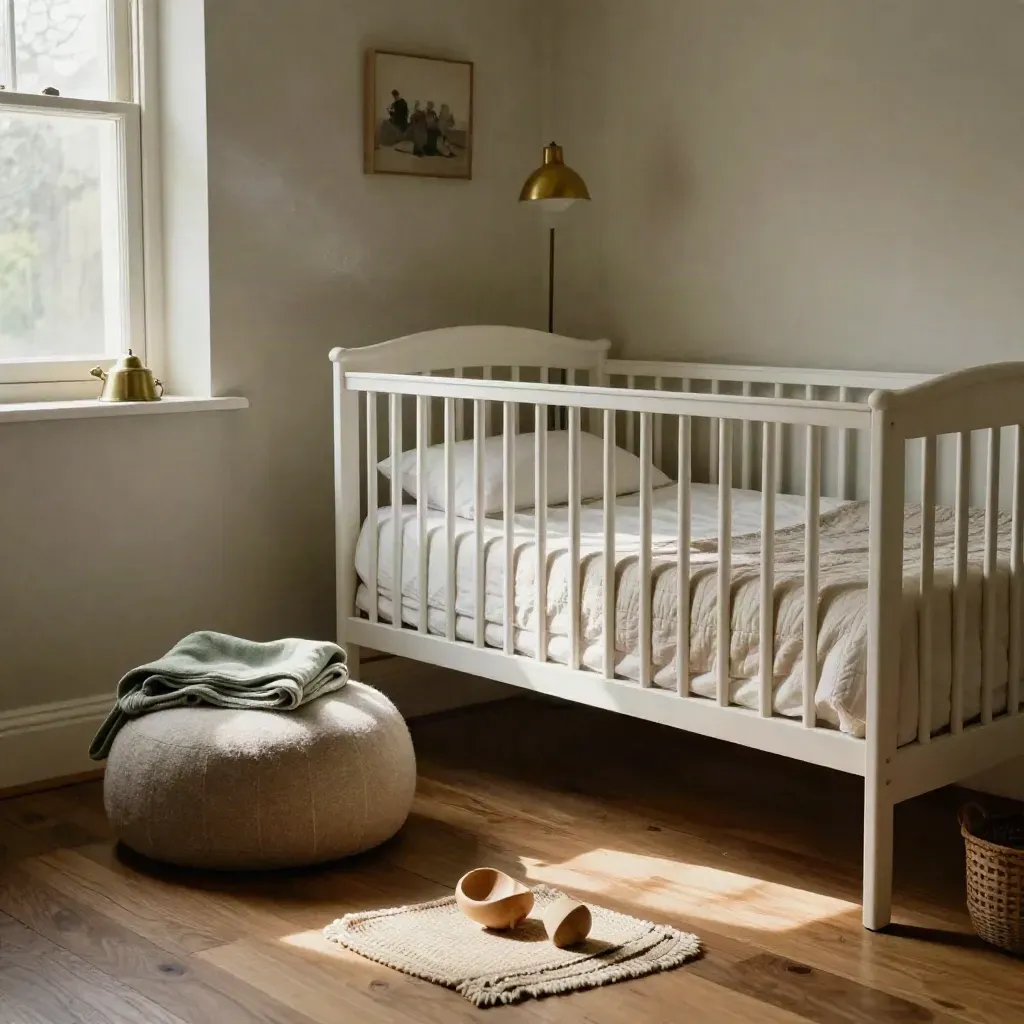 Dormitorio familiar rural con cuna blanca, cama vestida, puf, manta y juguete de madera.