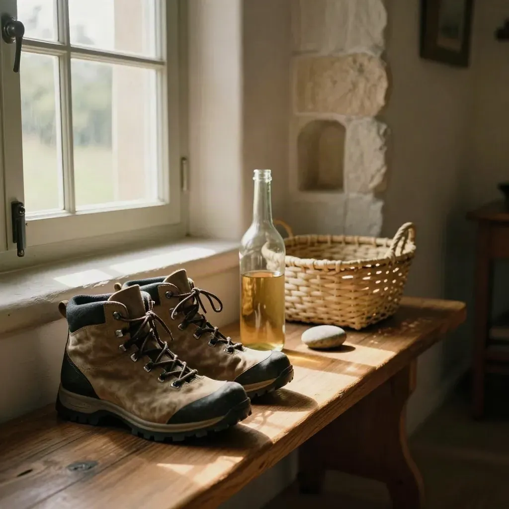 Rincón de salida con botas, fruta, botella y piedras sobre banco de madera junto a la ventana.