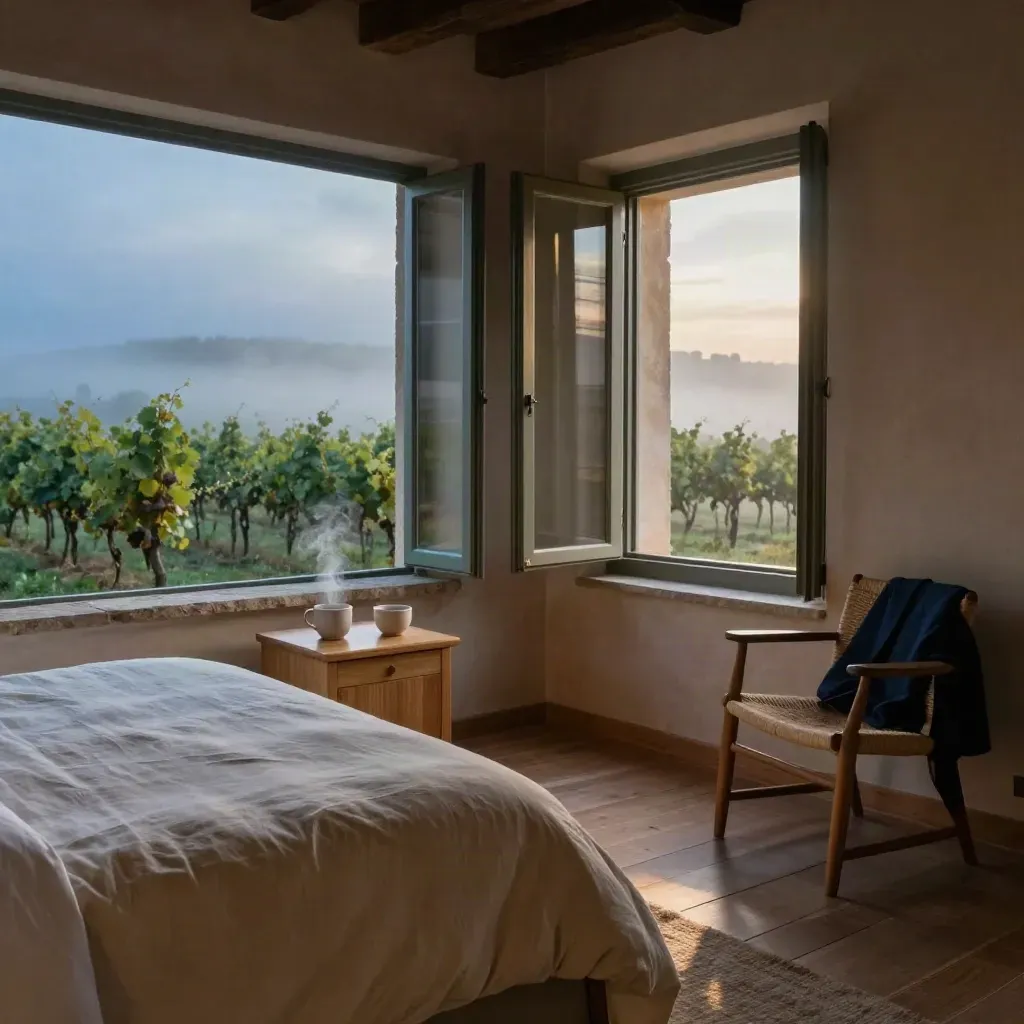 Dormitorio rural al amanecer con dos tazas, chaqueta en silla y viñedos en niebla por la ventana.