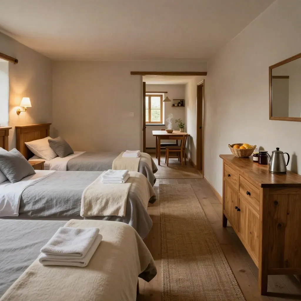 Casa rural lista para una reunión familiar, camas hechas, desayuno servido y mesa vacía.