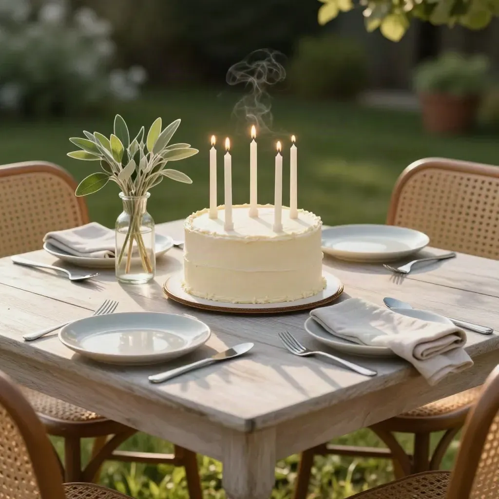 Mesa de jardín lista para un cumpleaños pequeño, con tarta, velas y sillas vacías.