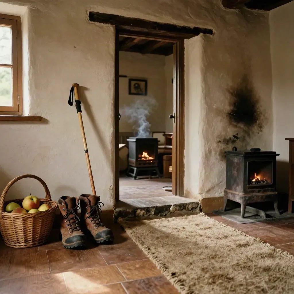 Recibidor rural con botas gastadas, bastones, cesta de fruta y brasero apagado junto a la chimenea.
