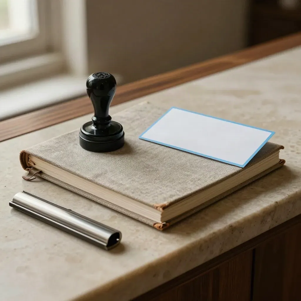 Libreta de reservas, sello y ficha de habitación sobre piedra clara