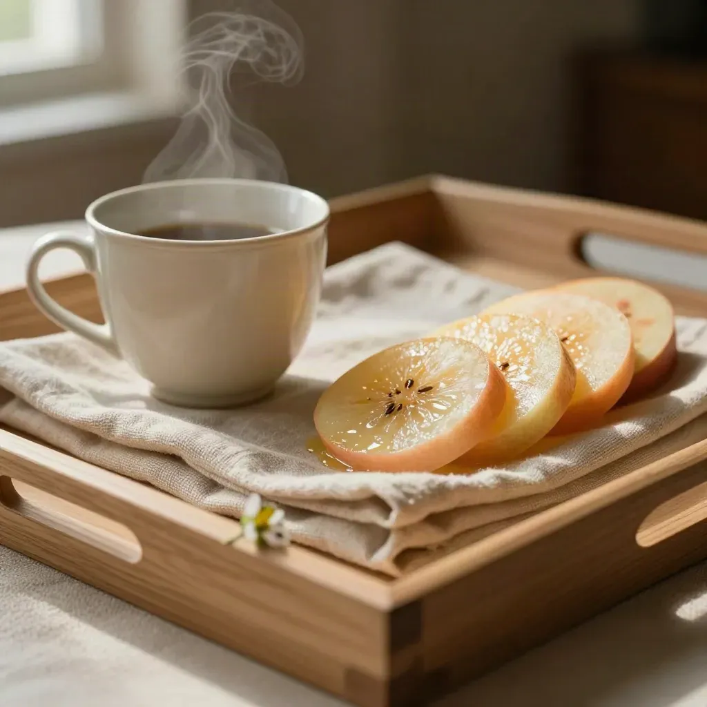 Bandeja de desayuno con taza de cerámica, fruta y lino, en luz cálida.