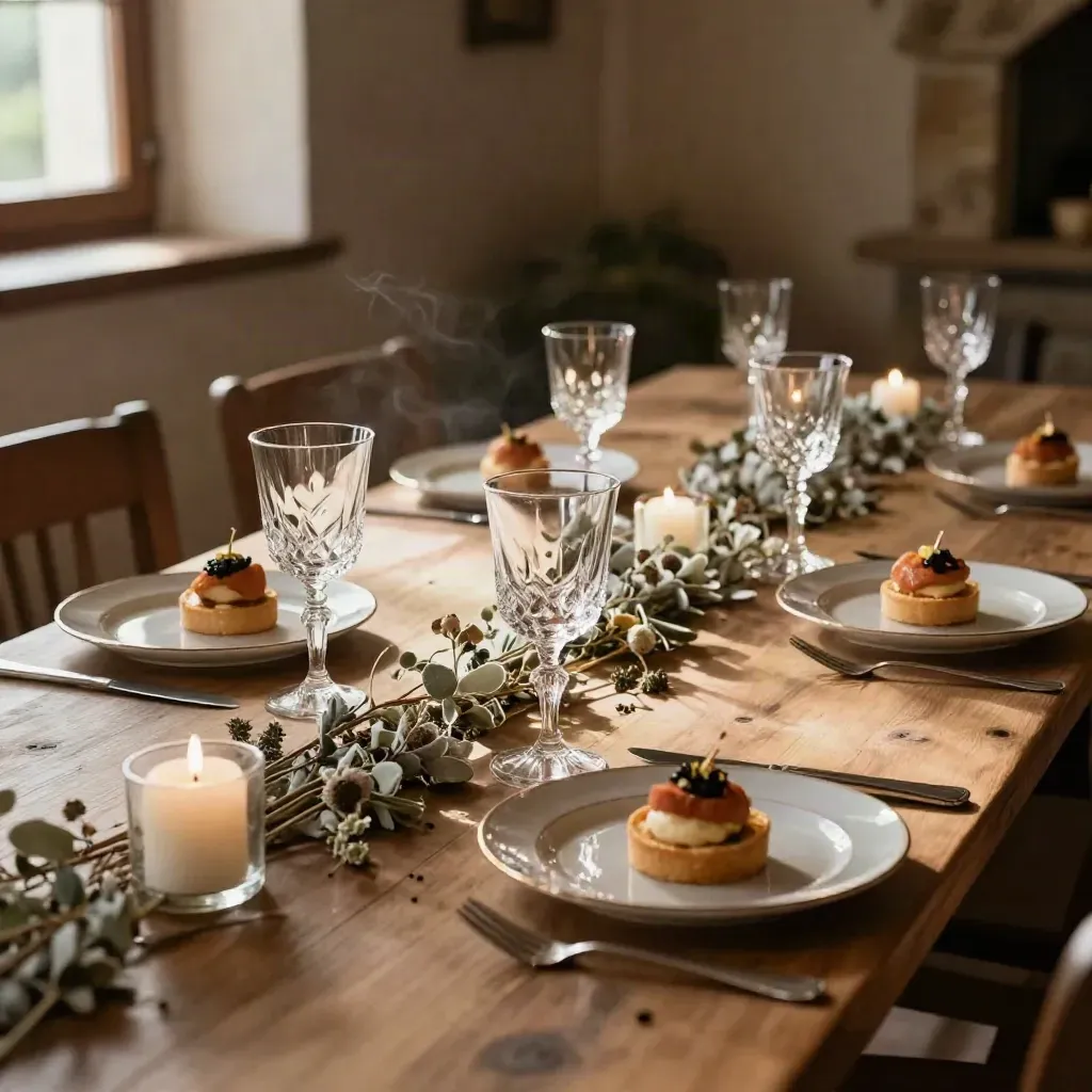 Montaje de evento con copas, aperitivos, velas bajas y flores secas en una mesa larga.