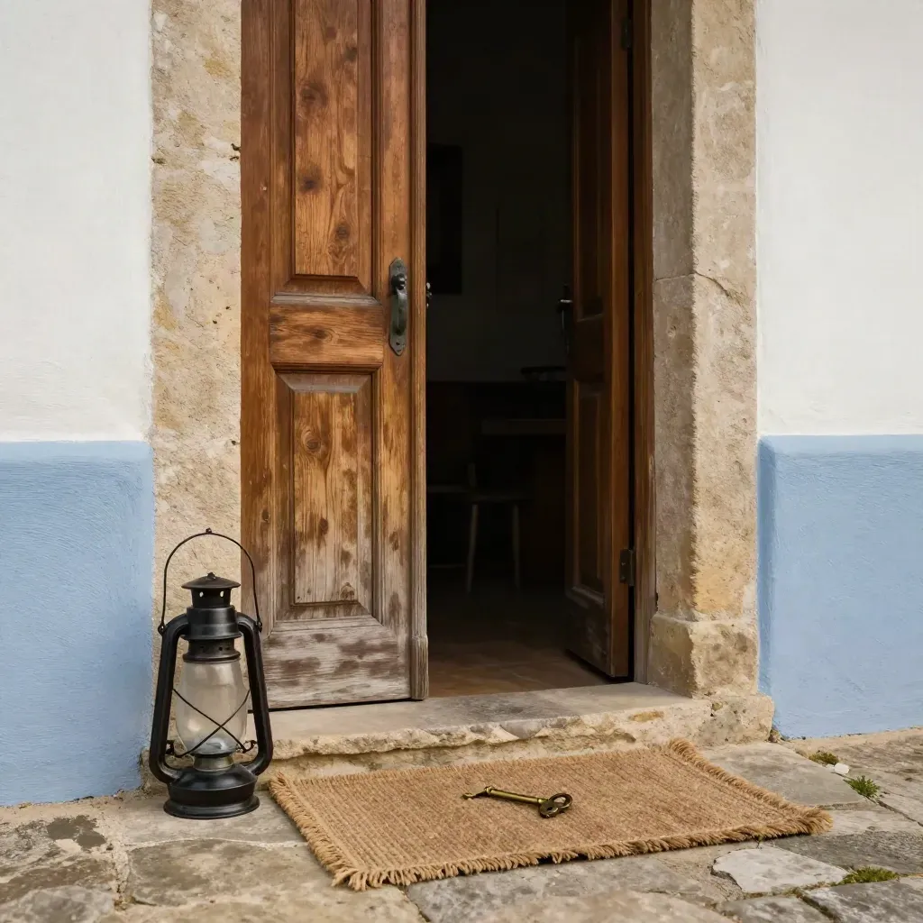Puerta de caserío entreabierta con farol de hierro, felpudo de yute y llave antigua en el umbral.