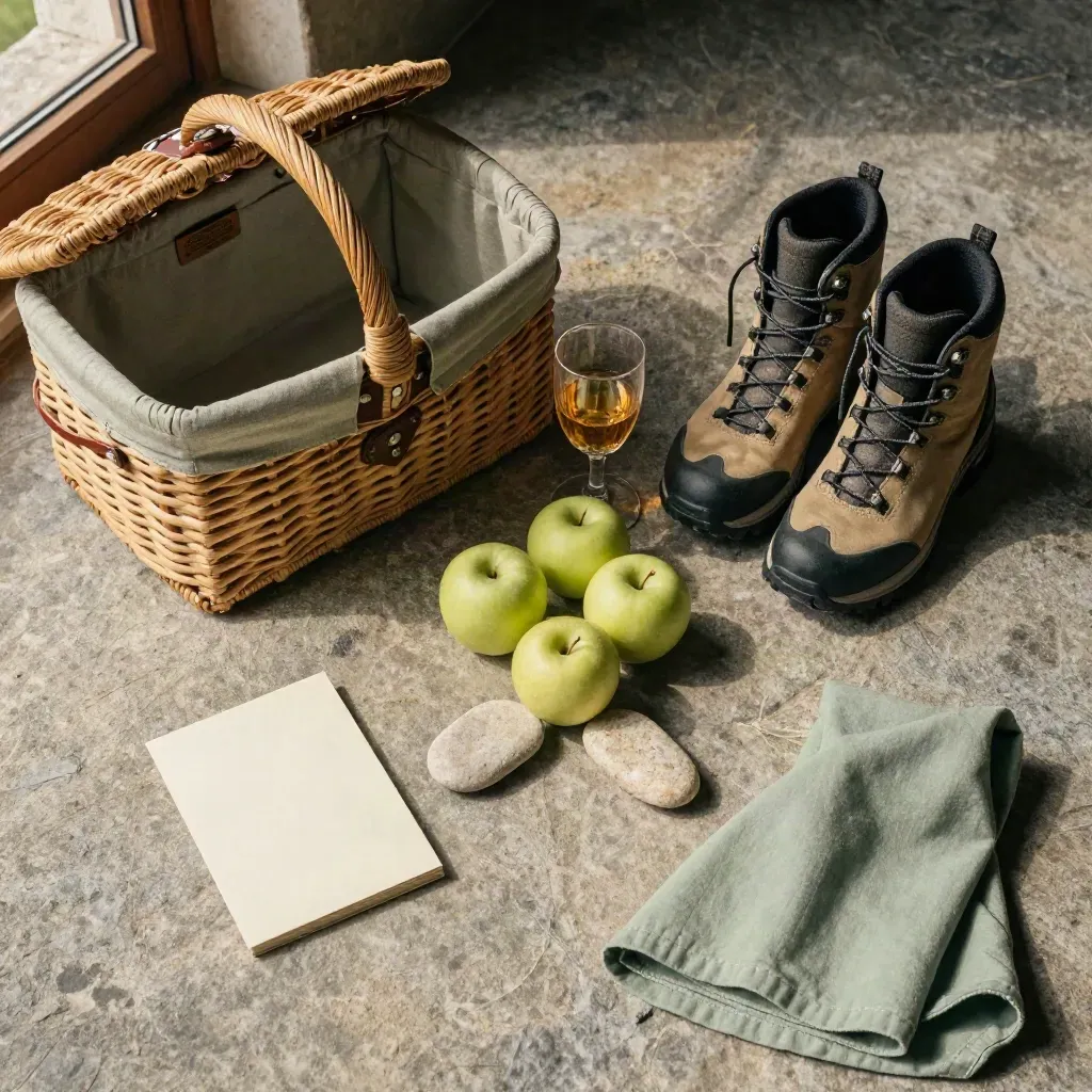 Cesta de picnic, botas limpias, manzanas, vaso de sidra y piedras de sendero sobre piedra clara.