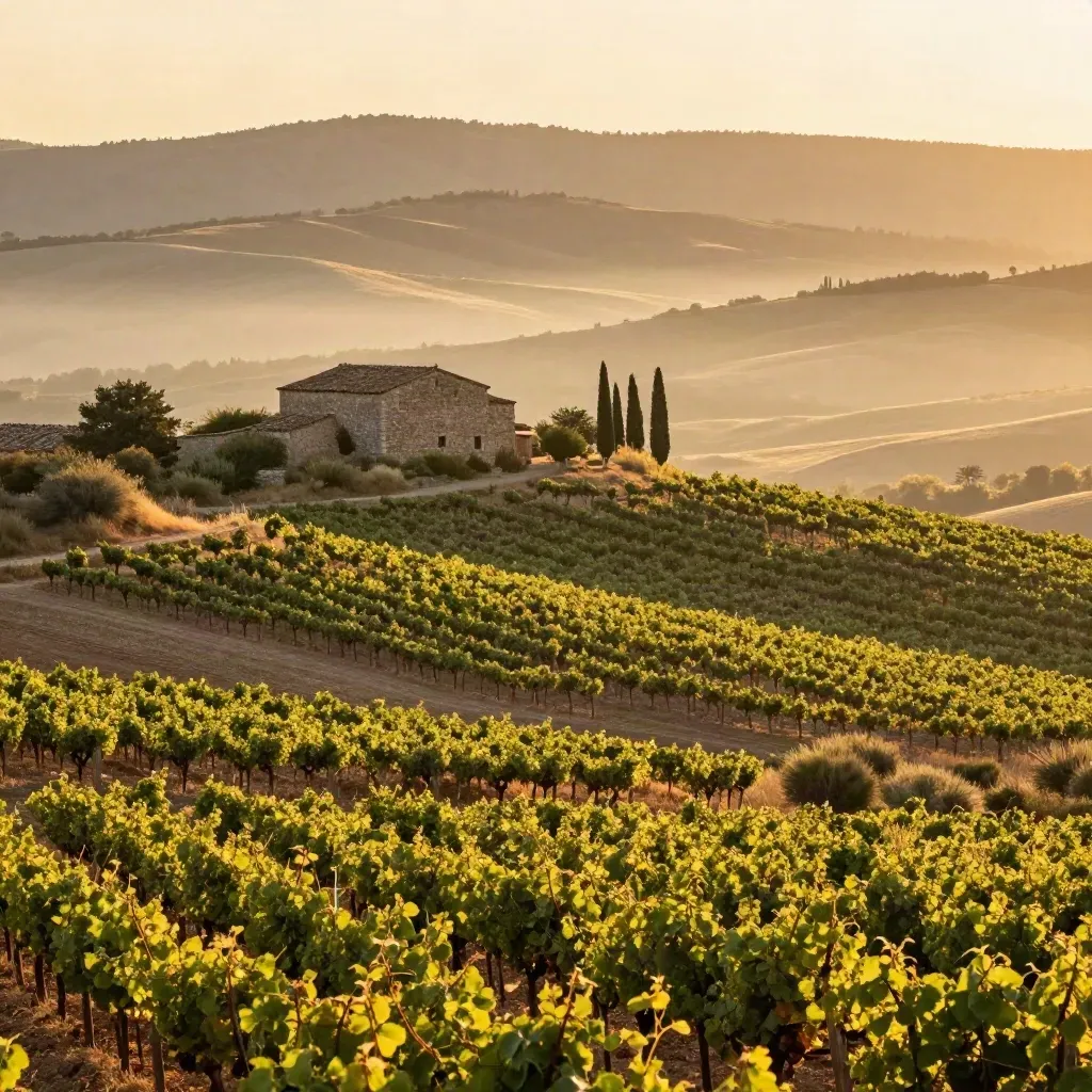 Viñedos de Rioja Alavesa al atardecer, caserío en la cresta y niebla en los valles