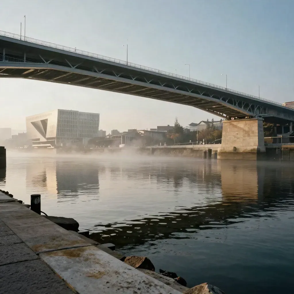 Estuario de Bilbao con puente de acero y niebla suave sobre el agua quieta.