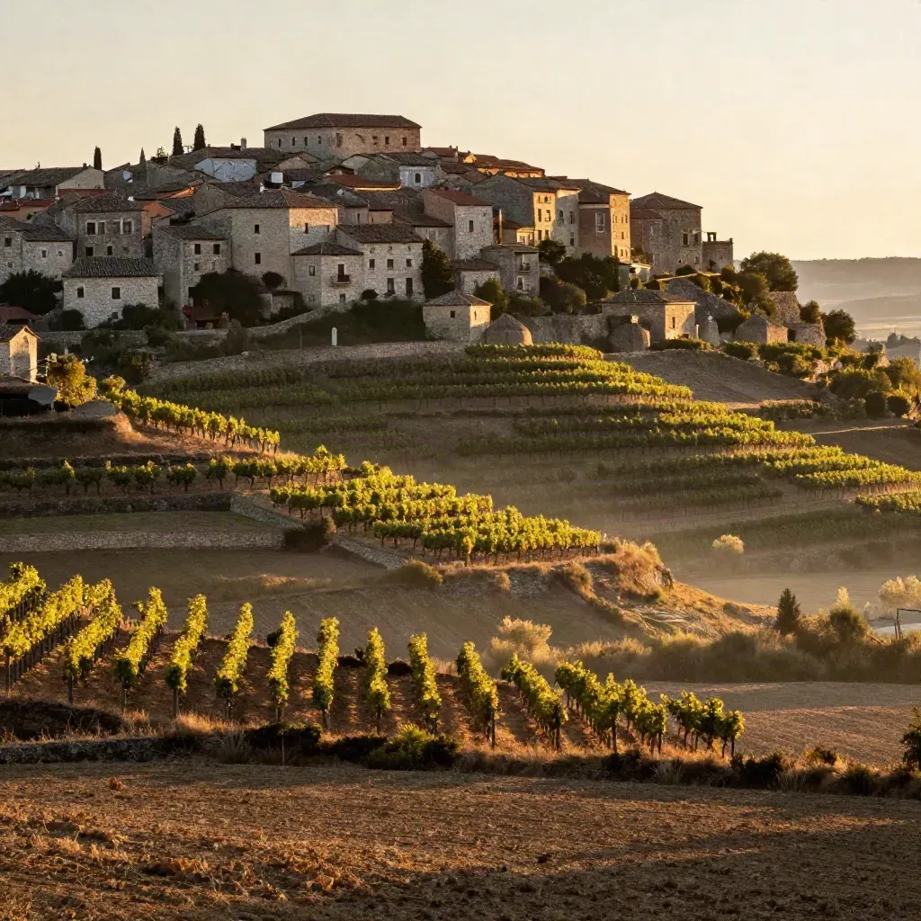 Ladera de viñas y pueblo de piedra al atardecer en Rioja Alavesa