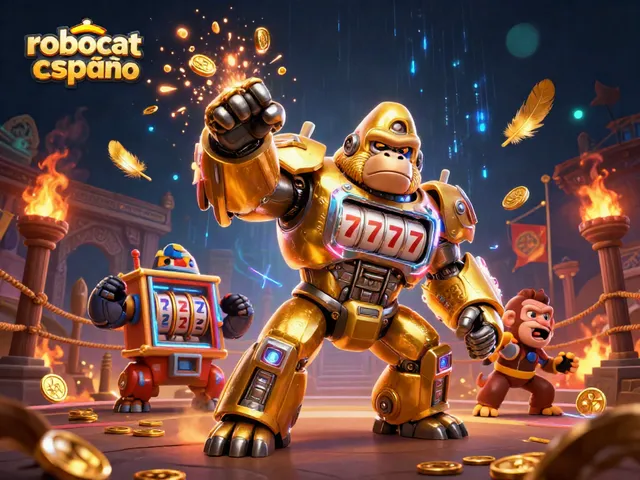 Engage with robocat casino españa through stunning 3D illustration featuring a golden gorilla mech and dynamic casino elements.
